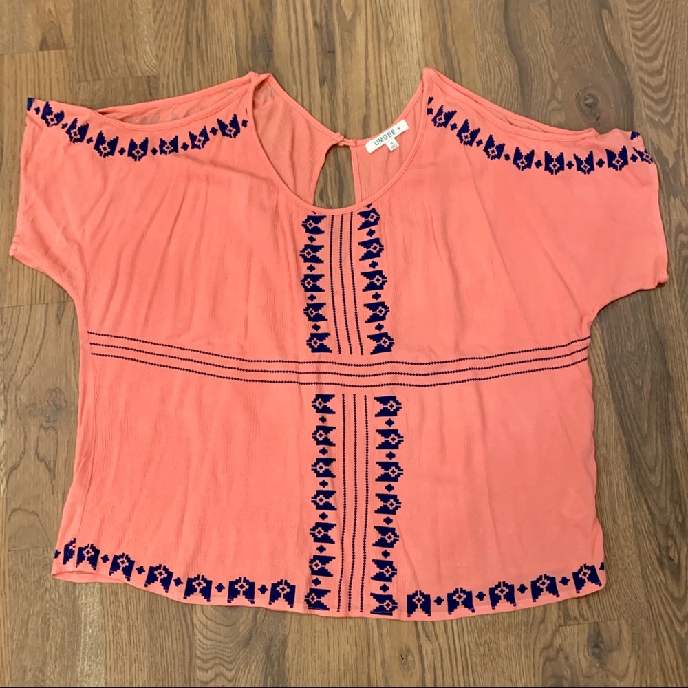 Umgee coral open shoulder top with navy embroidery